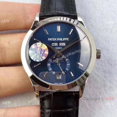 Swiss Copy Patek Philippe Annual Calendar Moonphase KM Factory 9015 Blue Face Watch